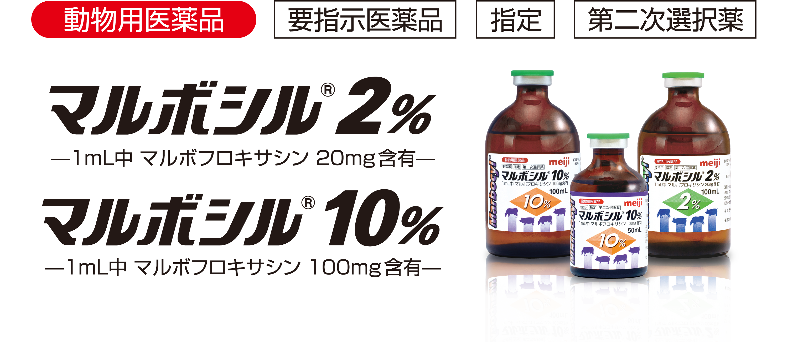 動物用医薬品 要指示医薬品 指定 第二次選択薬 マルボシル 2% 1mL中 マルボフロキサン20mg含有 マルボシル 10% 1mL中 マルボフロキサン100mg含有